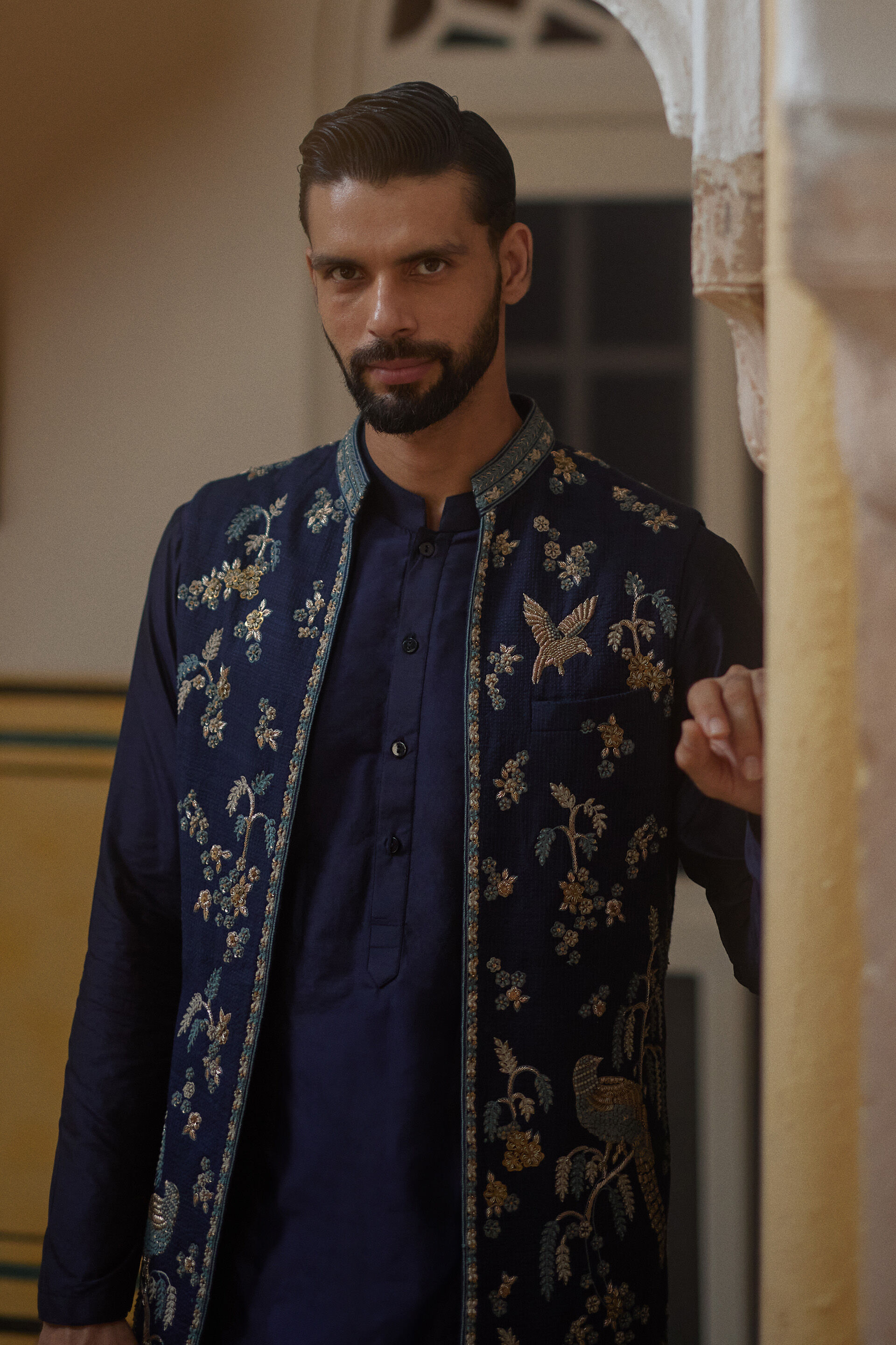 Azar Embroidered Silk Nehru Jacket - Navy Blue, Navy Blue, image 4